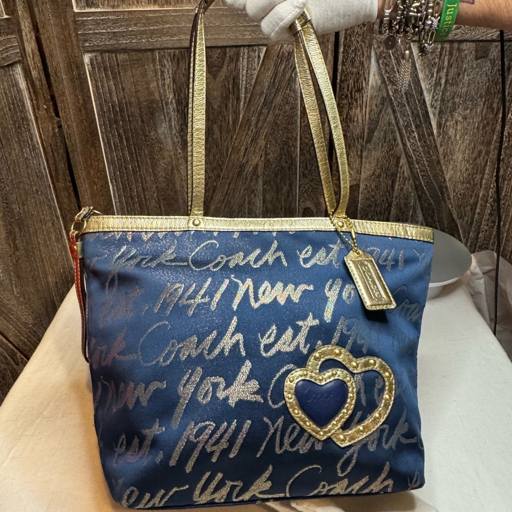 Coach Blue and Gold Script Shoulder Bag